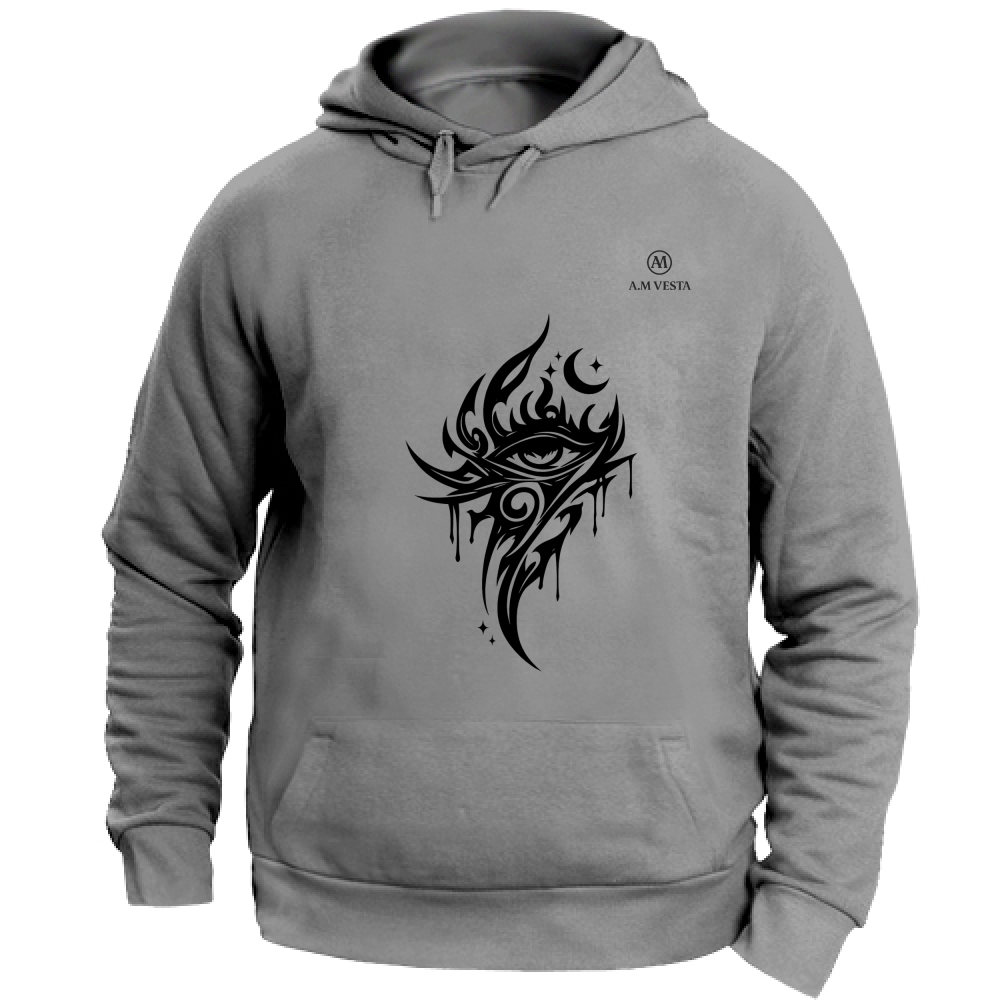 Felpa Unisex con Cappuccio Tribal - Design Esclusivo A.M Vesta. | Streetwear Premium | A.M Vesta | heathergrey