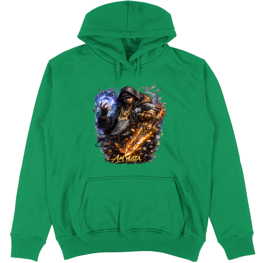 Felpa Unisex con Cappuccio design “A.M. Vesta – Street Warrior Fire & Ice. | Streetwear Premium | A.M Vesta | kellygreen