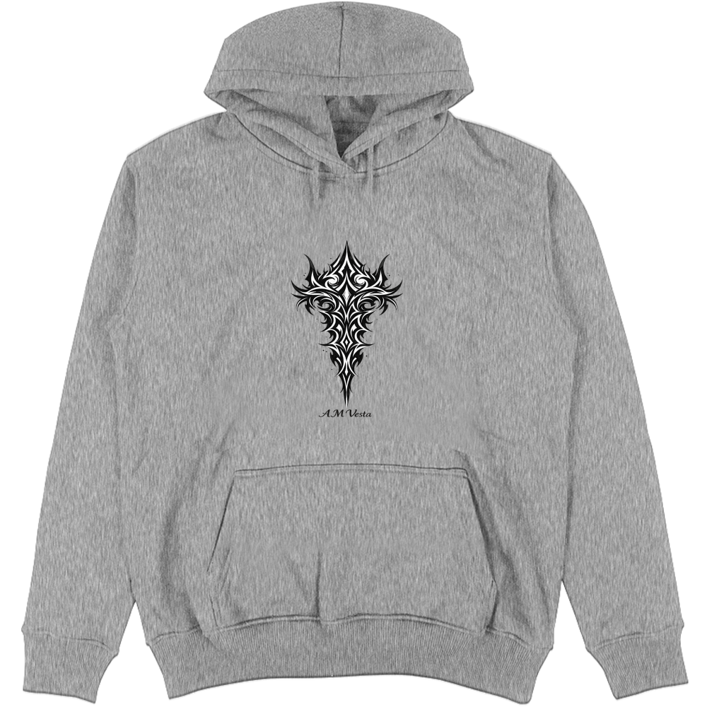 Felpa Unisex con Cappuccio Tribal Demon - Design Esclusivo A.M Vesta | Streetwear Premium | A.M Vesta | heathergrey