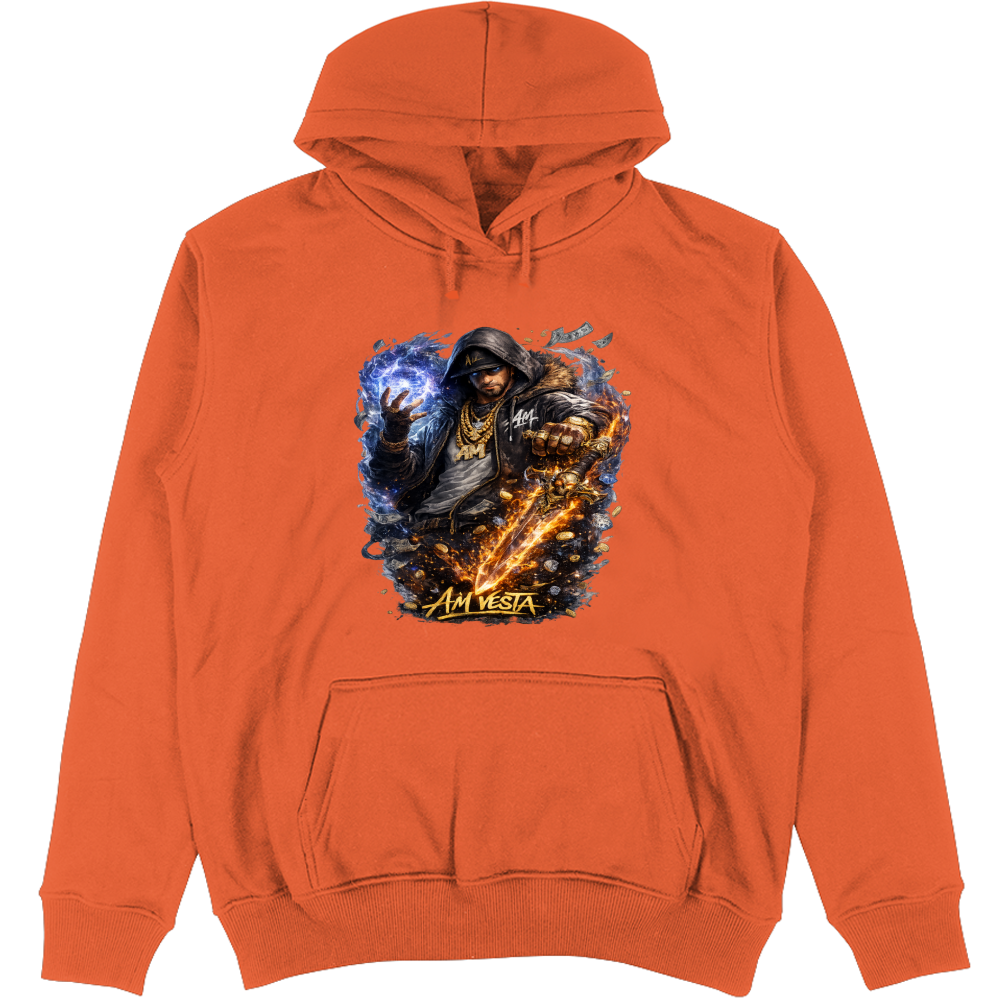Felpa Unisex con Cappuccio design “A.M. Vesta – Street Warrior Fire & Ice. | Streetwear Premium | A.M Vesta | orange